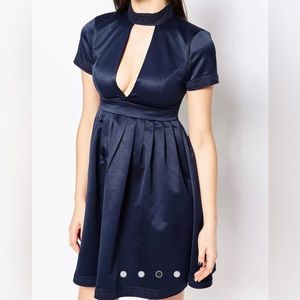 ASOS YAS Minnie V Front Navy Plunge Neckline Tea Dress